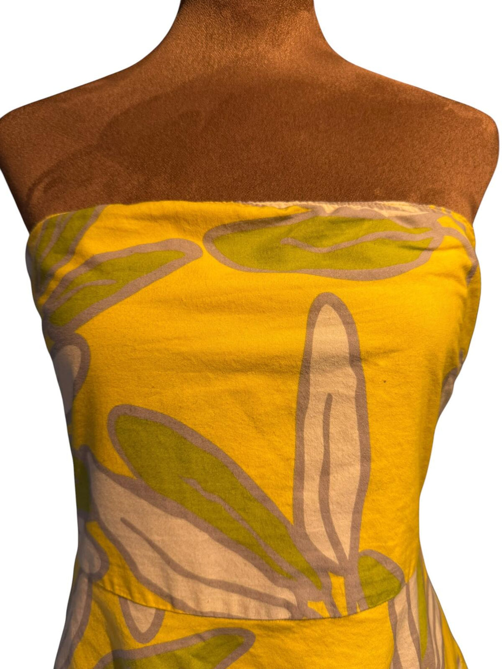 Bitten Yellow Leaf Print Strapless Dress