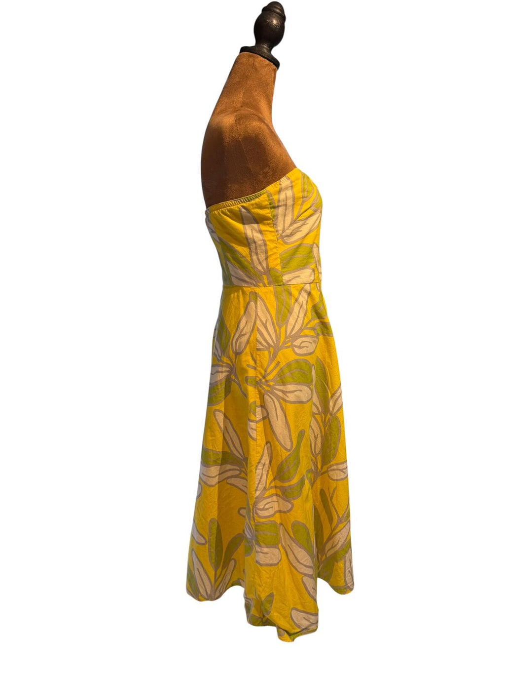 Bitten Yellow Leaf Print Strapless Dress