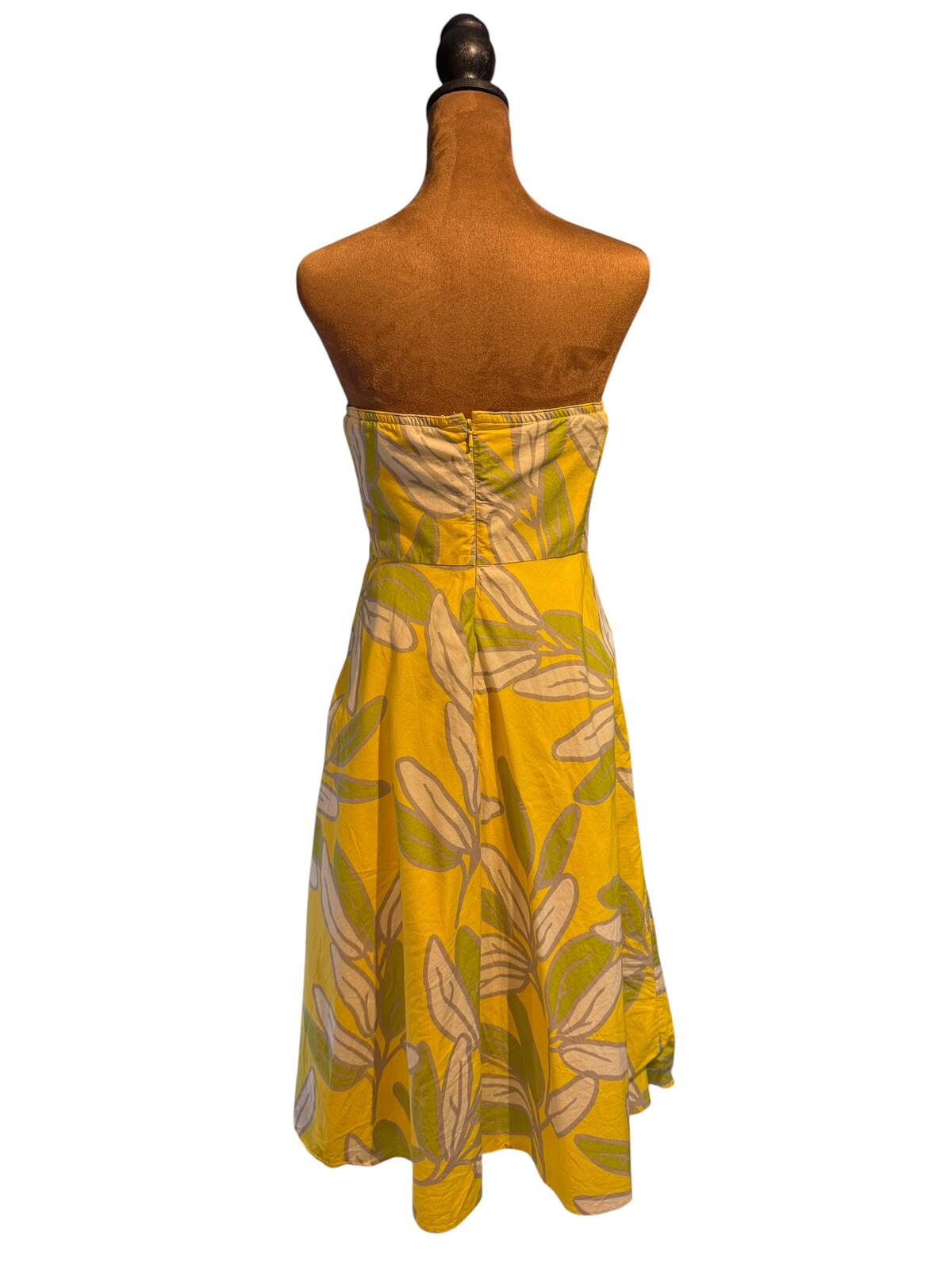 Bitten Yellow Leaf Print Strapless Dress