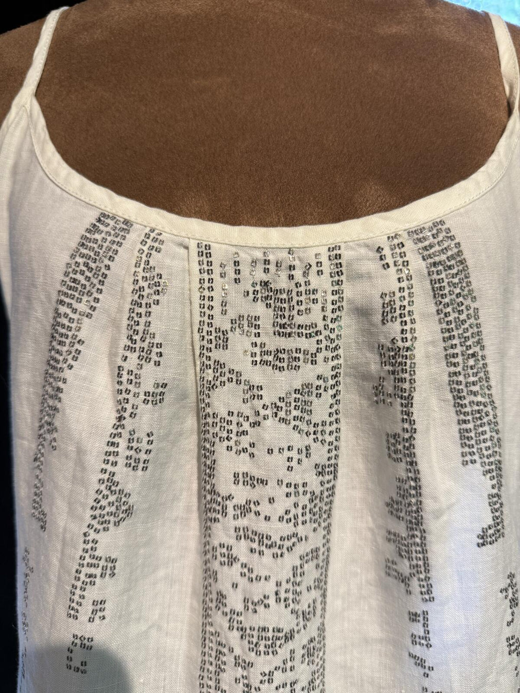 Eileen Fisher Cream Embellished Spaghetti Strap Linen Slip Dress