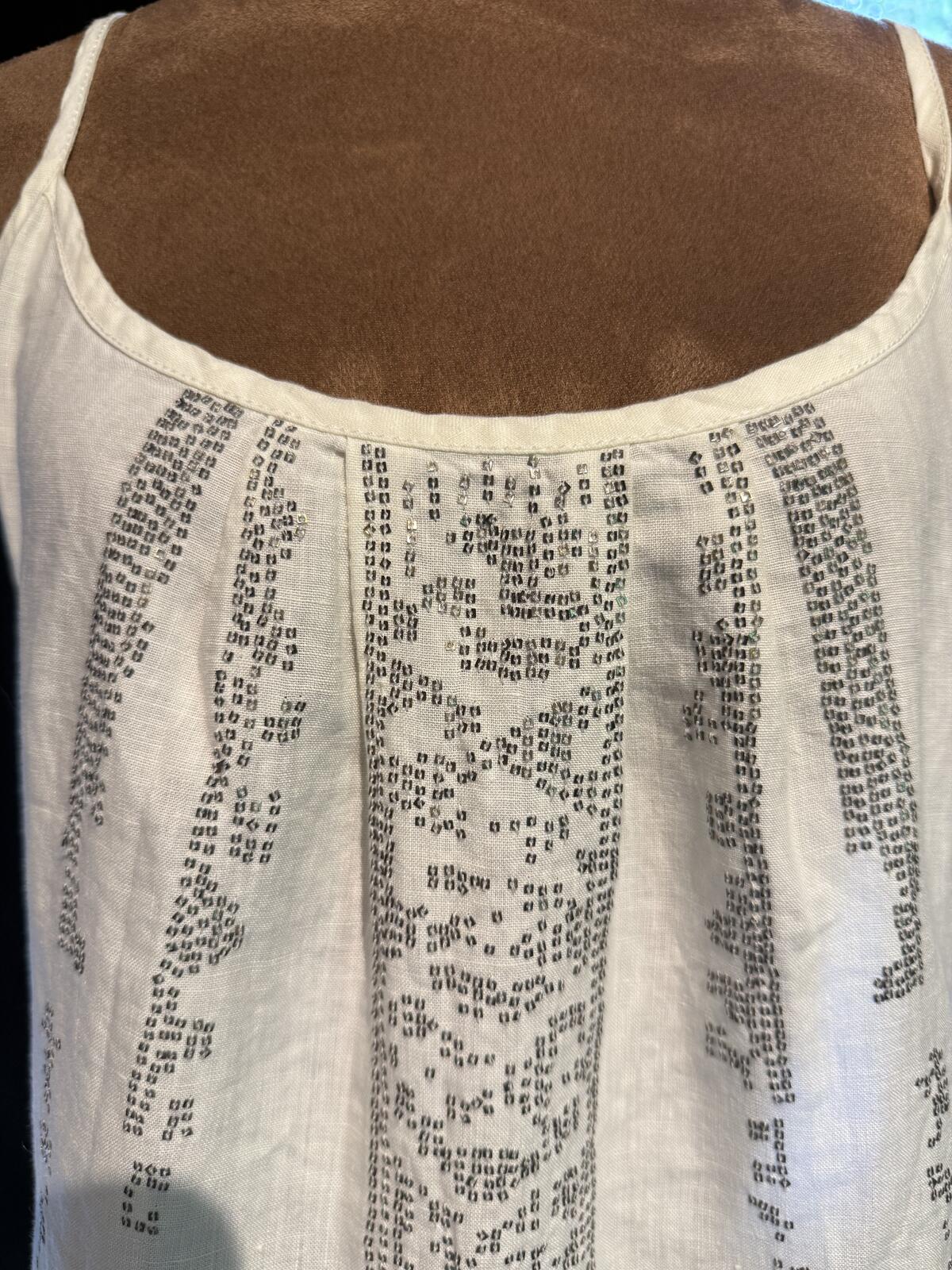 Eileen Fisher Cream Embellished Spaghetti Strap Linen Slip Dress