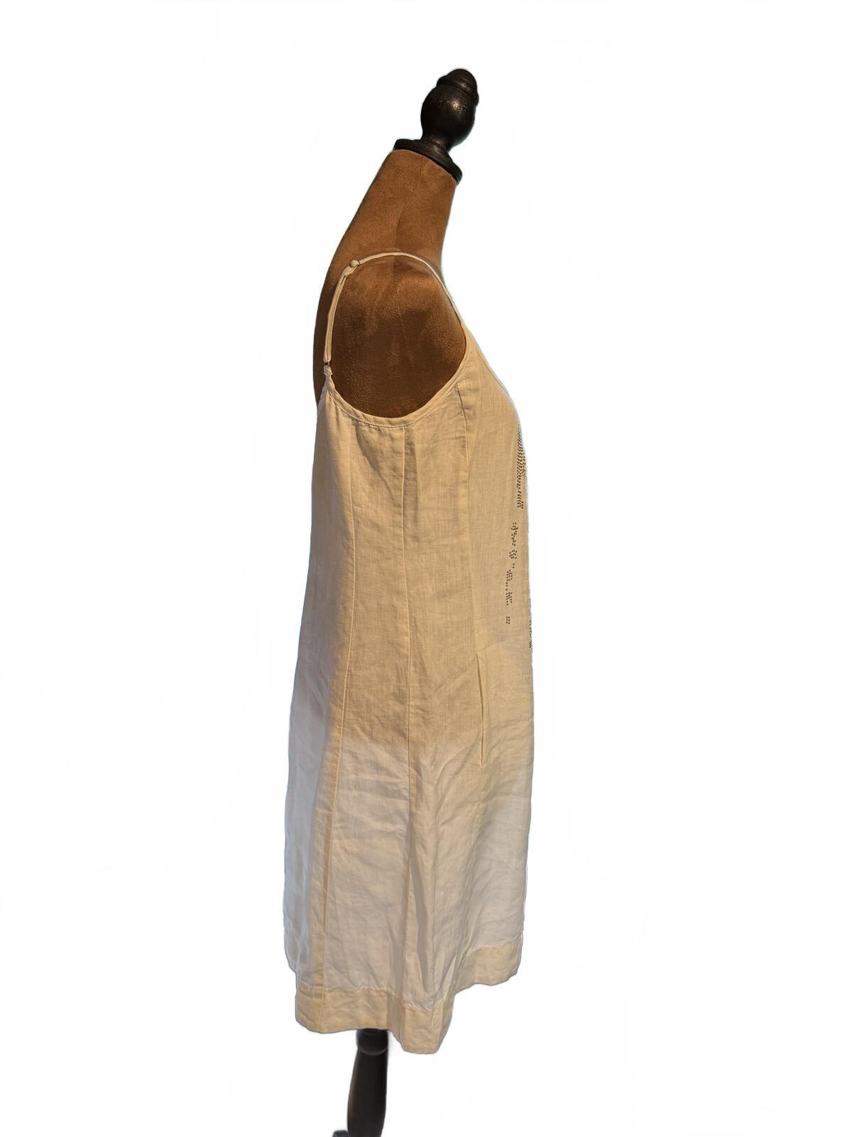 Eileen Fisher Cream Embellished Spaghetti Strap Linen Slip Dress