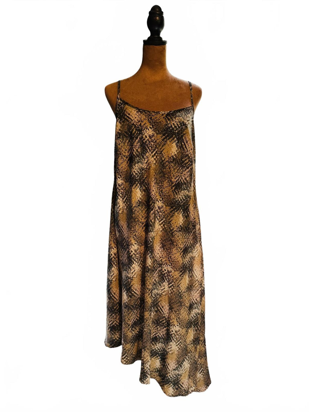 Venezia Brown Black Abstract Print Spaghetti Strap Maxi Dress
