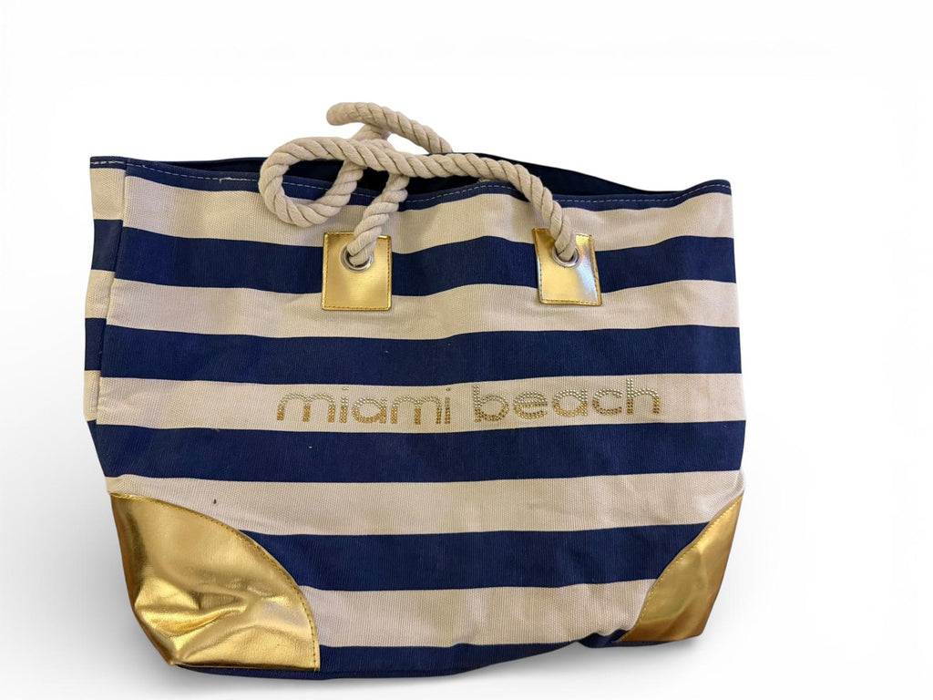 Navy and Cream Striped Miami Beach Tote Bag with Gold Accents