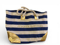 Navy and Cream Striped Miami Beach Tote Bag with Gold Accents