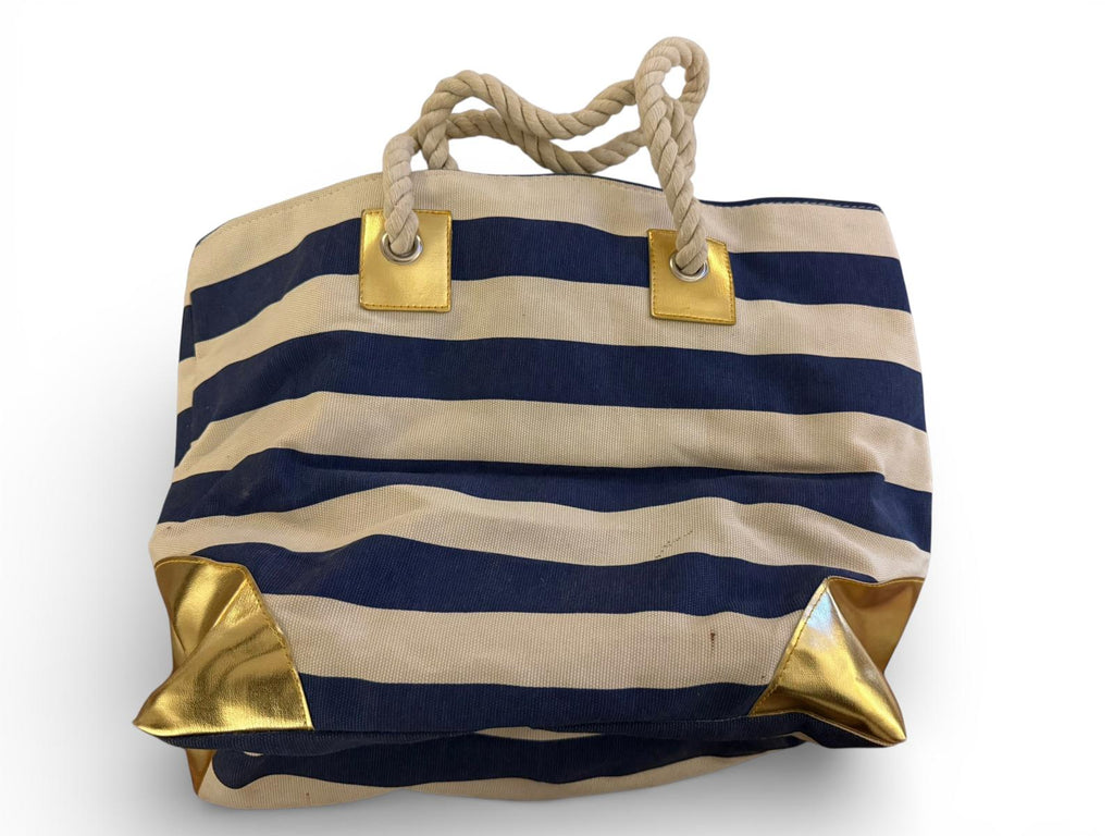 Navy and Cream Striped Miami Beach Tote Bag with Gold Accents