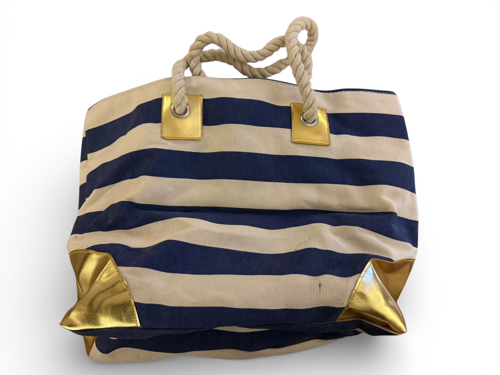Navy and Cream Striped Miami Beach Tote Bag with Gold Accents