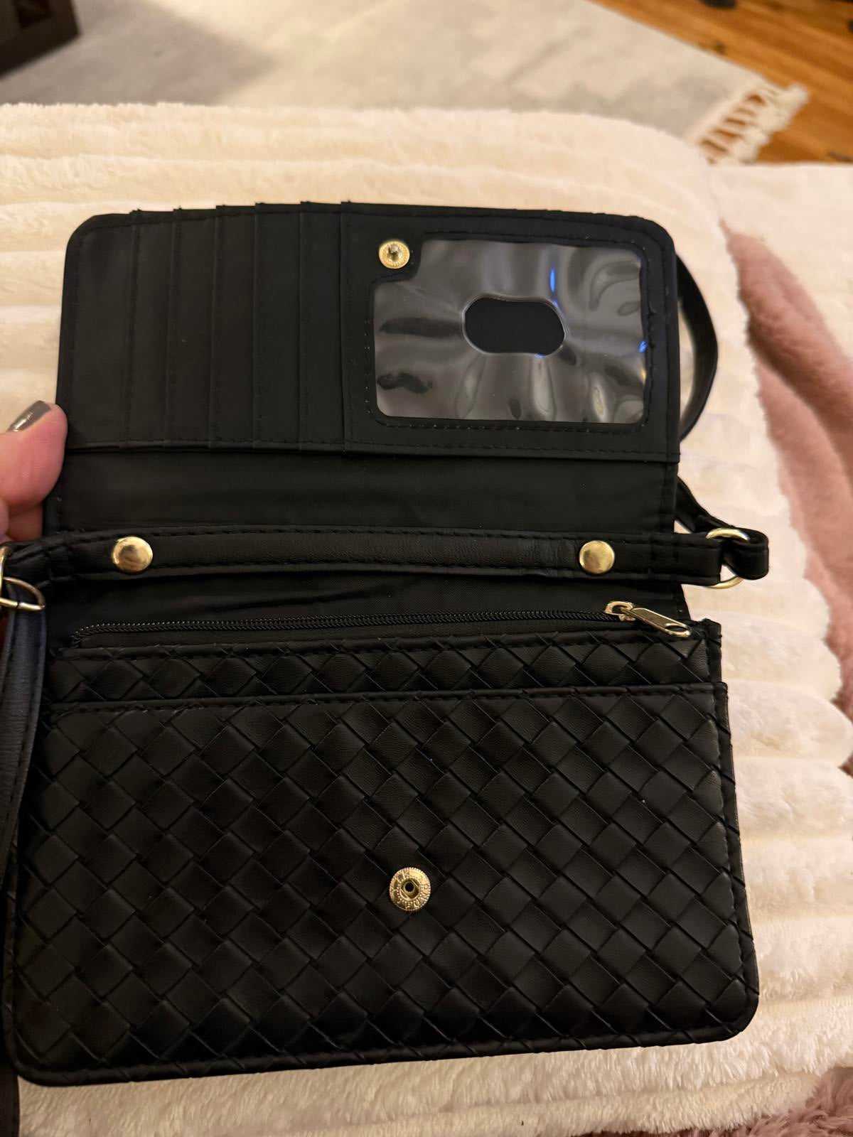 Black Woven Pattern Crossbody Wallet Bag