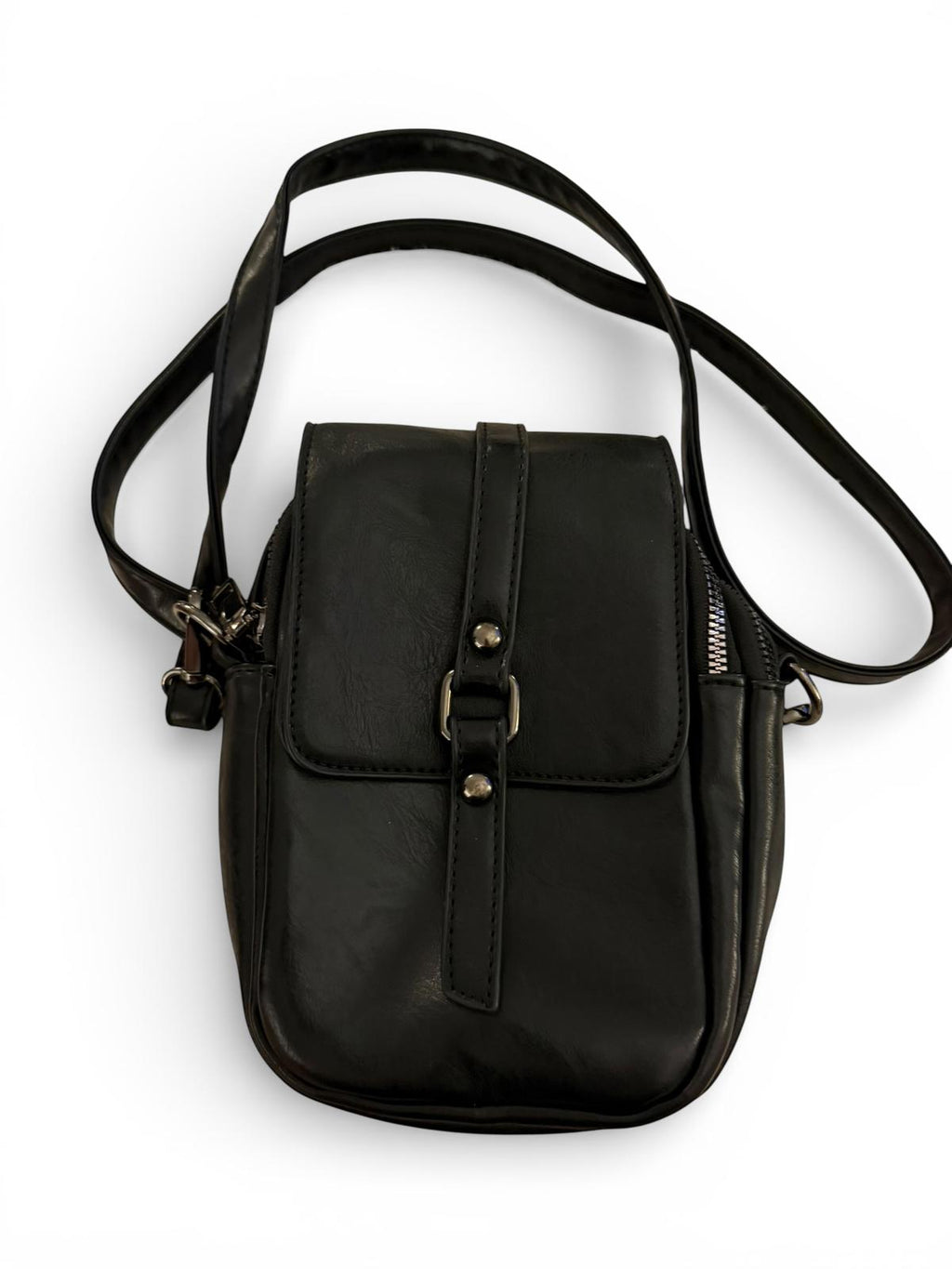 Black Faux Leather Crossbody Bag with Front Buckle Strap