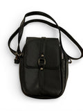 Black Faux Leather Crossbody Bag with Front Buckle Strap