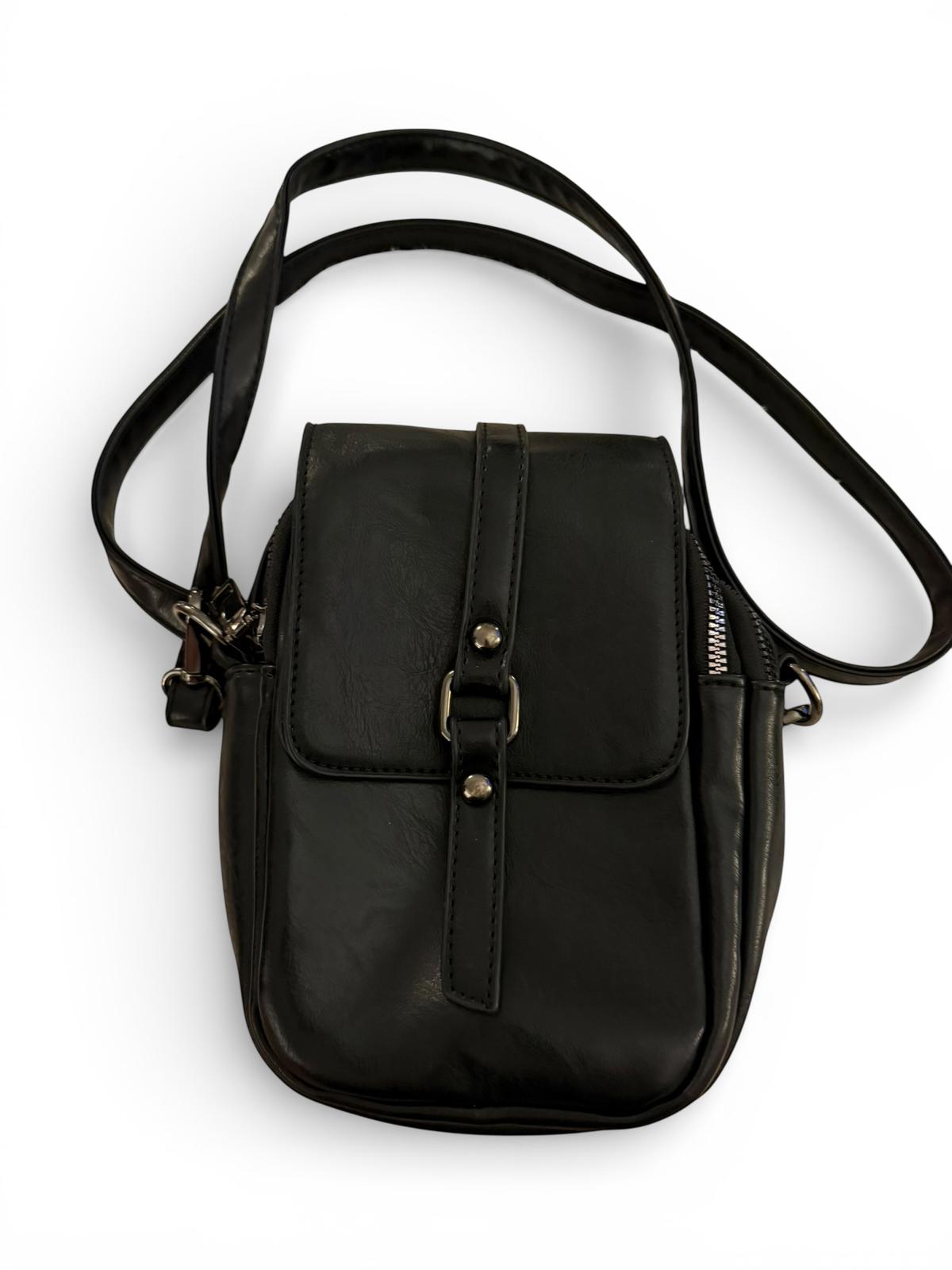 Black Faux Leather Crossbody Bag with Front Buckle Strap