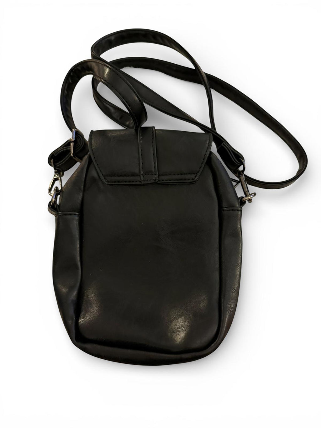 Black Faux Leather Crossbody Bag with Front Buckle Strap