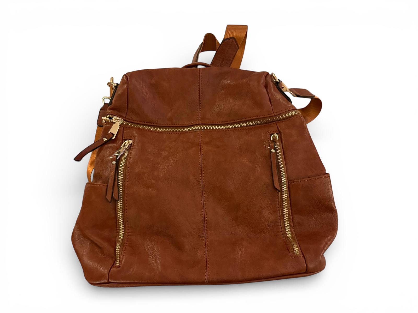 Brown Faux Leather Backpack with Multiple Zipper Pockets