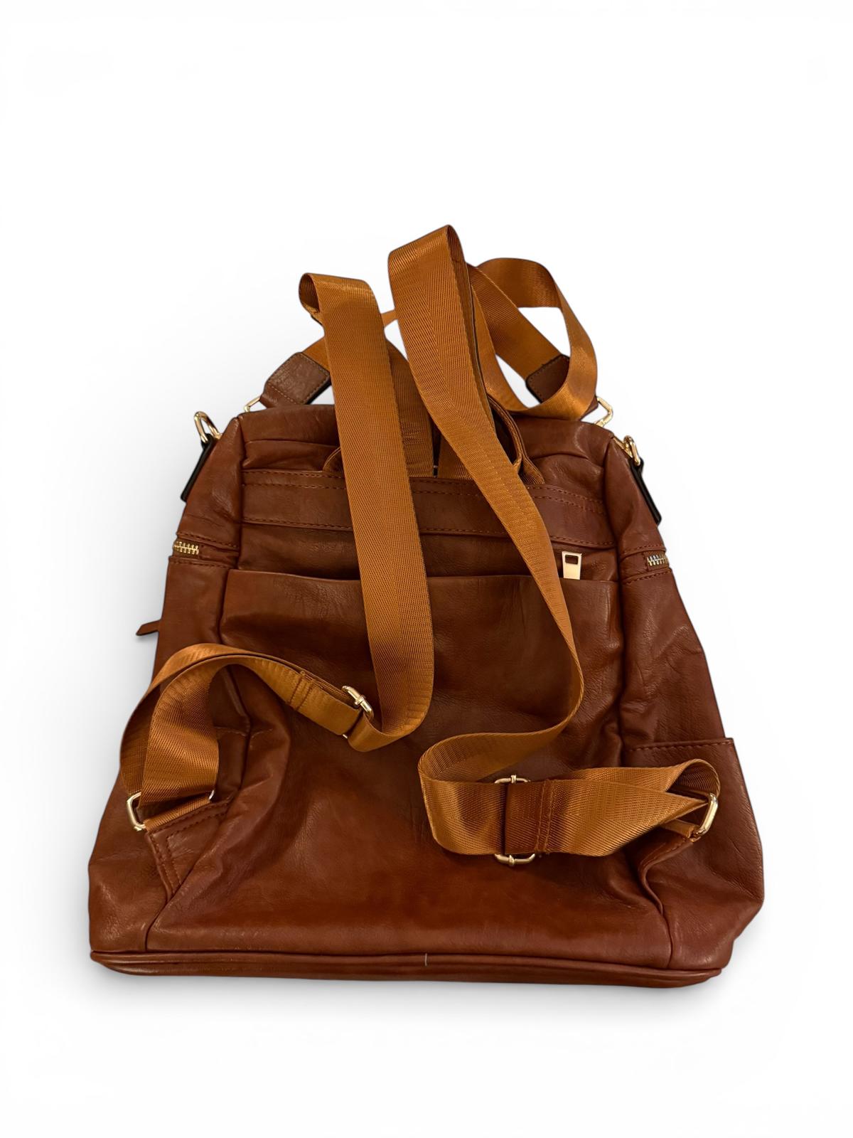 Brown Faux Leather Backpack with Multiple Zipper Pockets