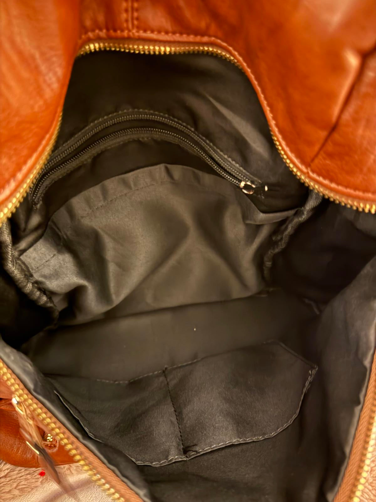 Brown Faux Leather Backpack with Multiple Zipper Pockets