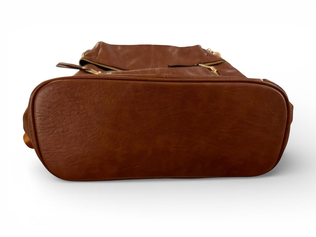 Brown Faux Leather Backpack with Multiple Zipper Pockets