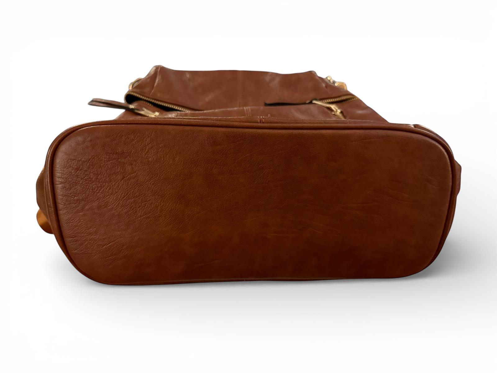 Brown Faux Leather Backpack with Multiple Zipper Pockets