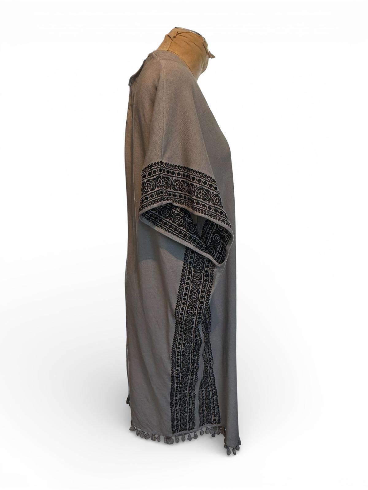 POL Gray Open Front Poncho with Black Embroidered Trim and Tassels