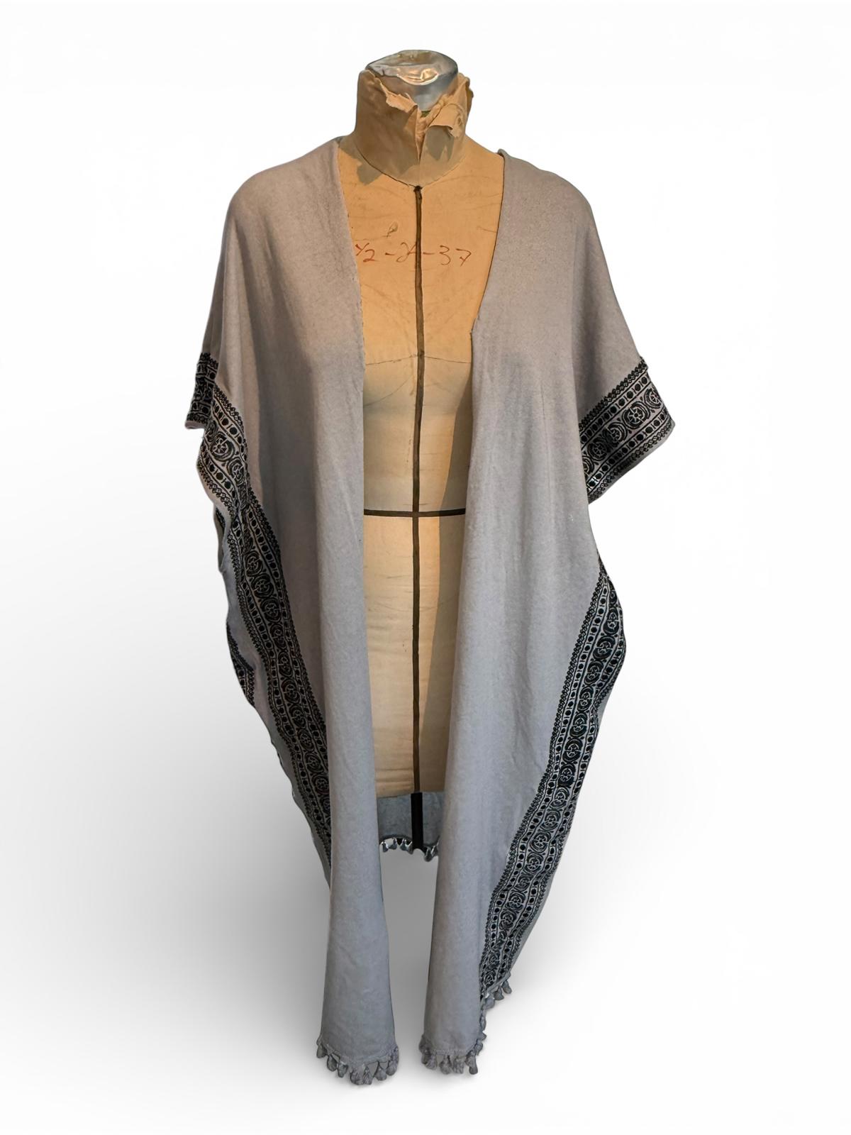 POL Gray Open Front Poncho with Black Embroidered Trim and Tassels