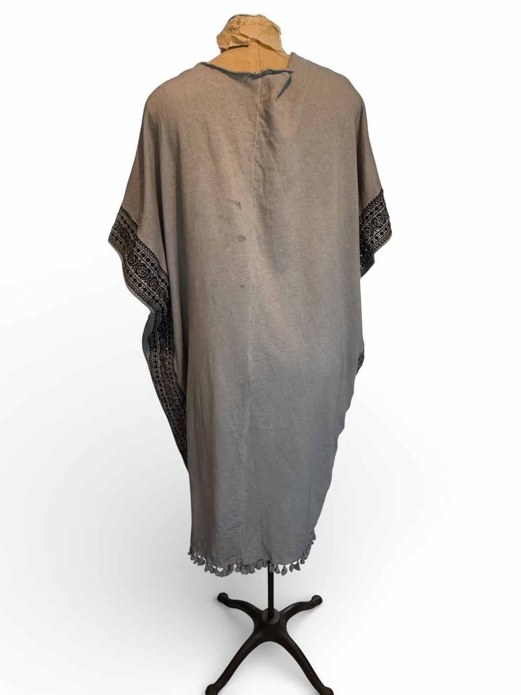 POL Gray Open Front Poncho with Black Embroidered Trim and Tassels