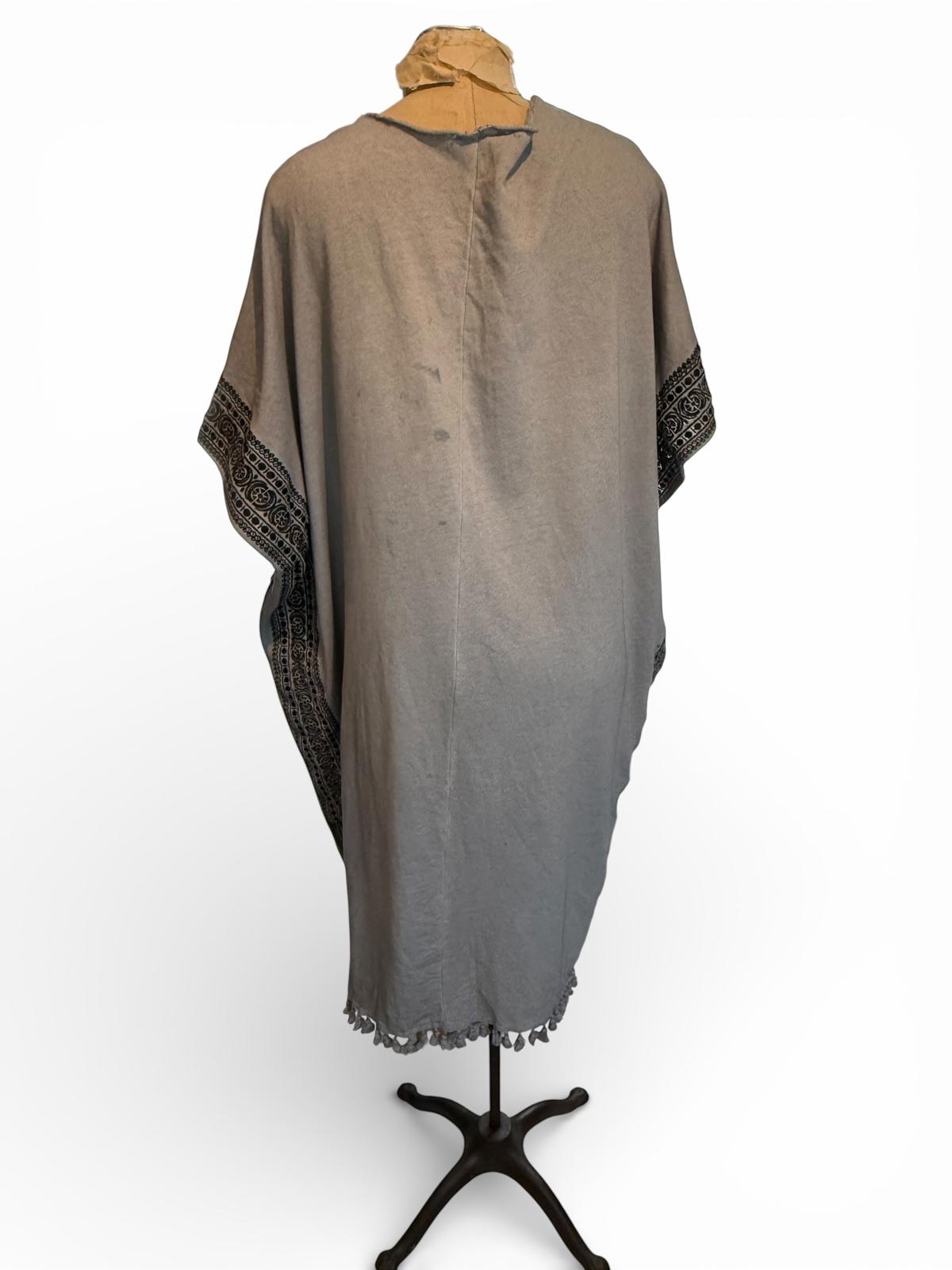 POL Gray Open Front Poncho with Black Embroidered Trim and Tassels