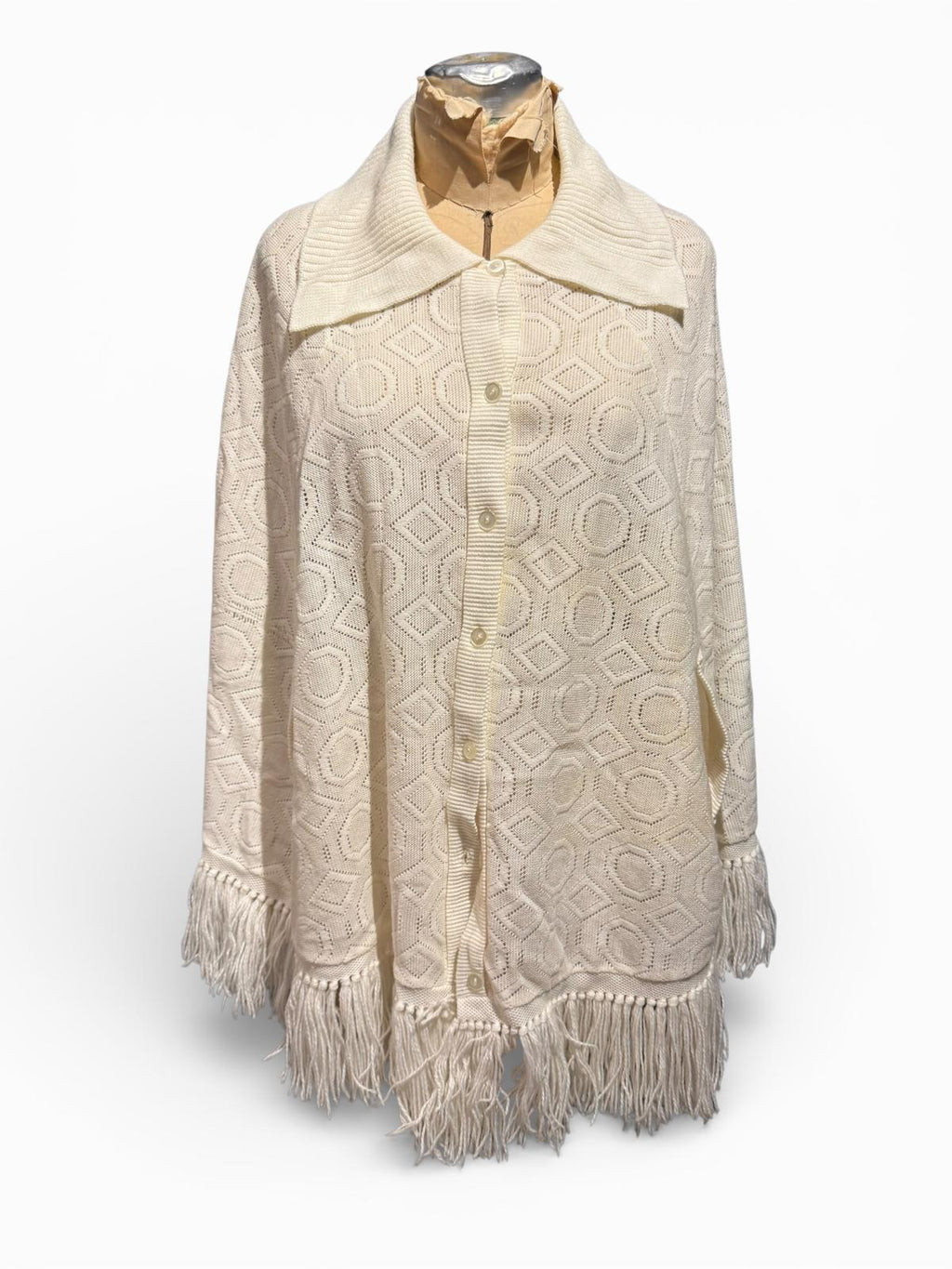 Cream Button-Up Vintage Knit Poncho Cape with Fringe Hem