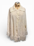 Cream Button-Up Vintage Knit Poncho Cape with Fringe Hem
