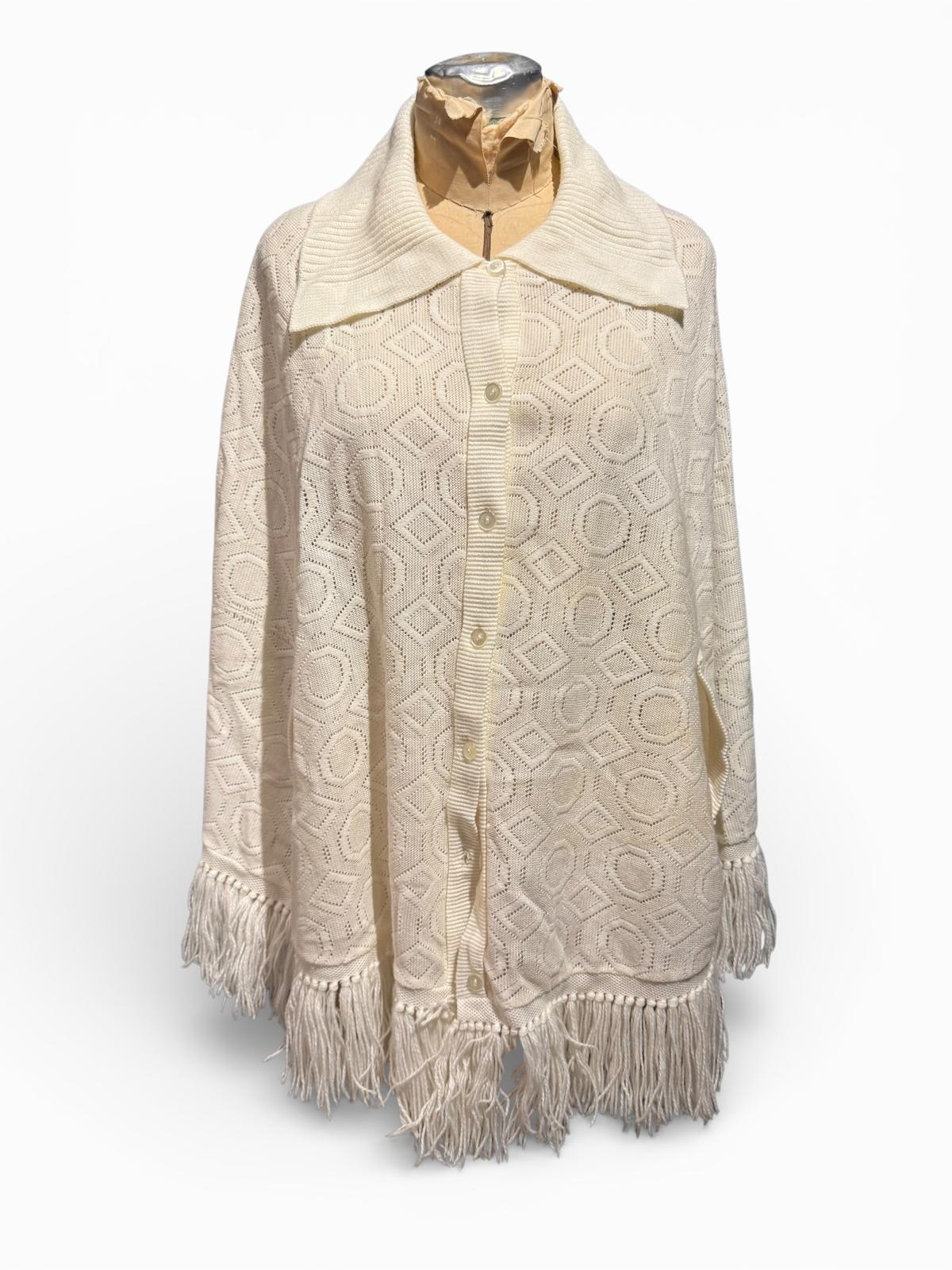 Cream Button-Up Vintage Knit Poncho Cape with Fringe Hem