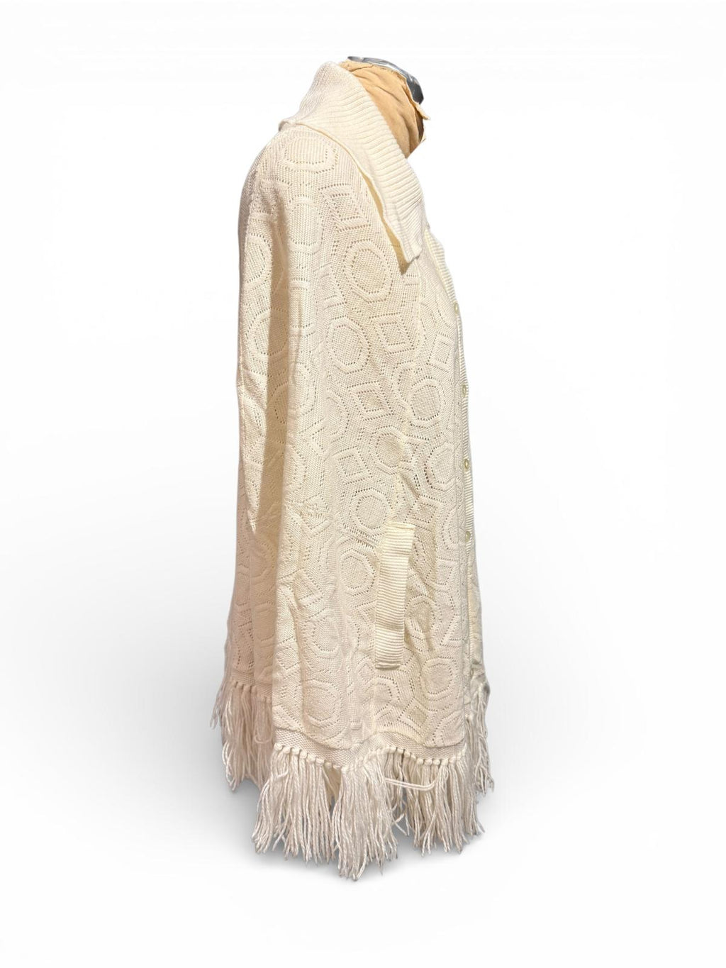 Cream Button-Up Vintage Knit Poncho Cape with Fringe Hem