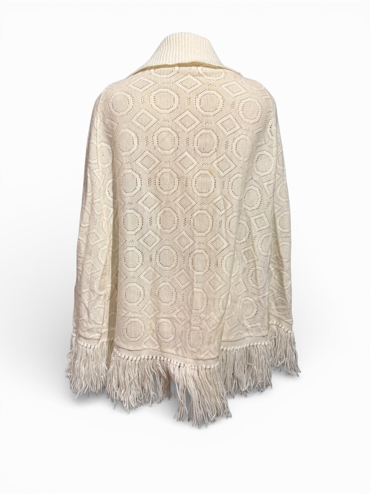 Cream Button-Up Vintage Knit Poncho Cape with Fringe Hem