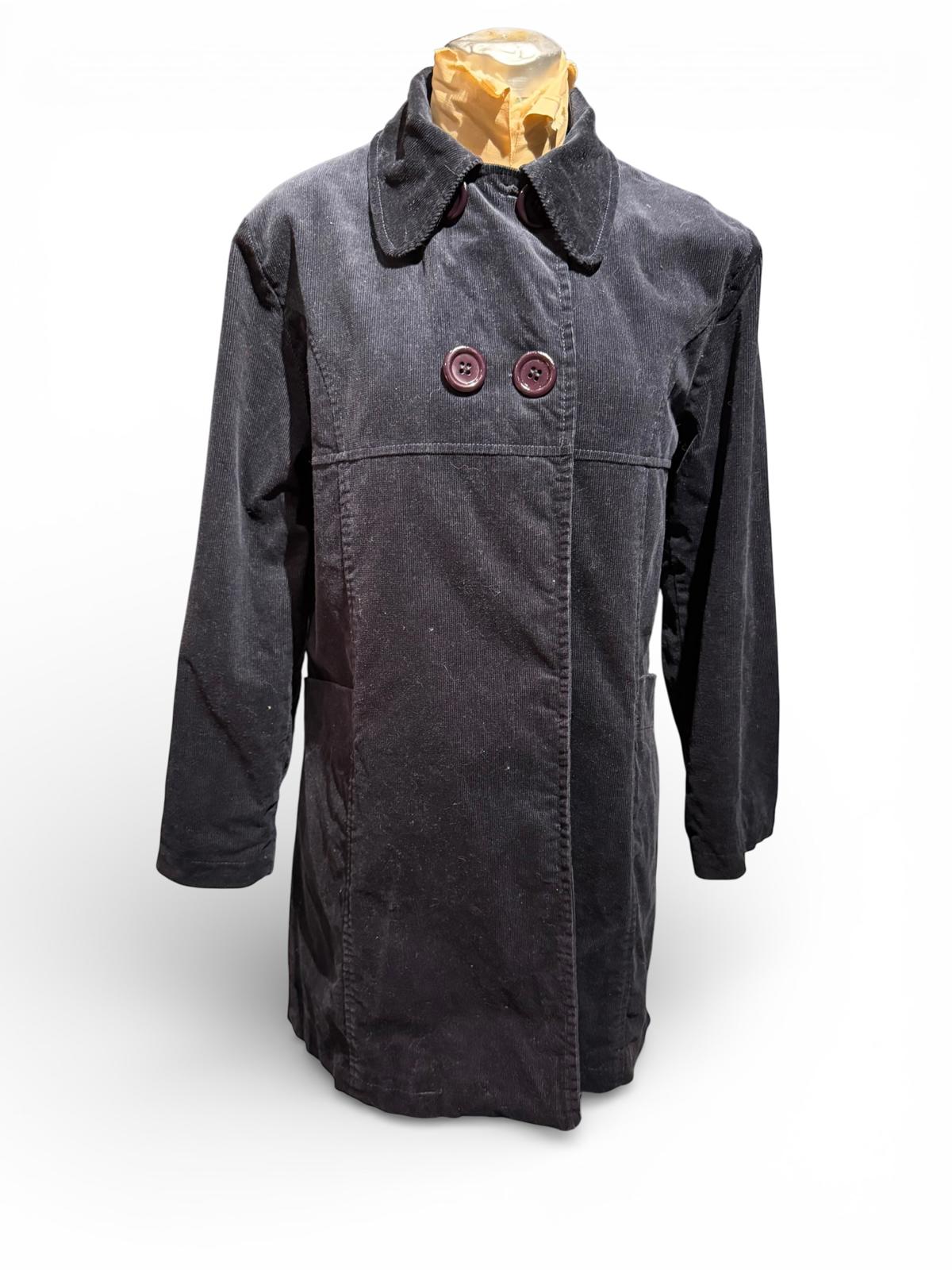 Black Corduroy Long Coat with Button Closure