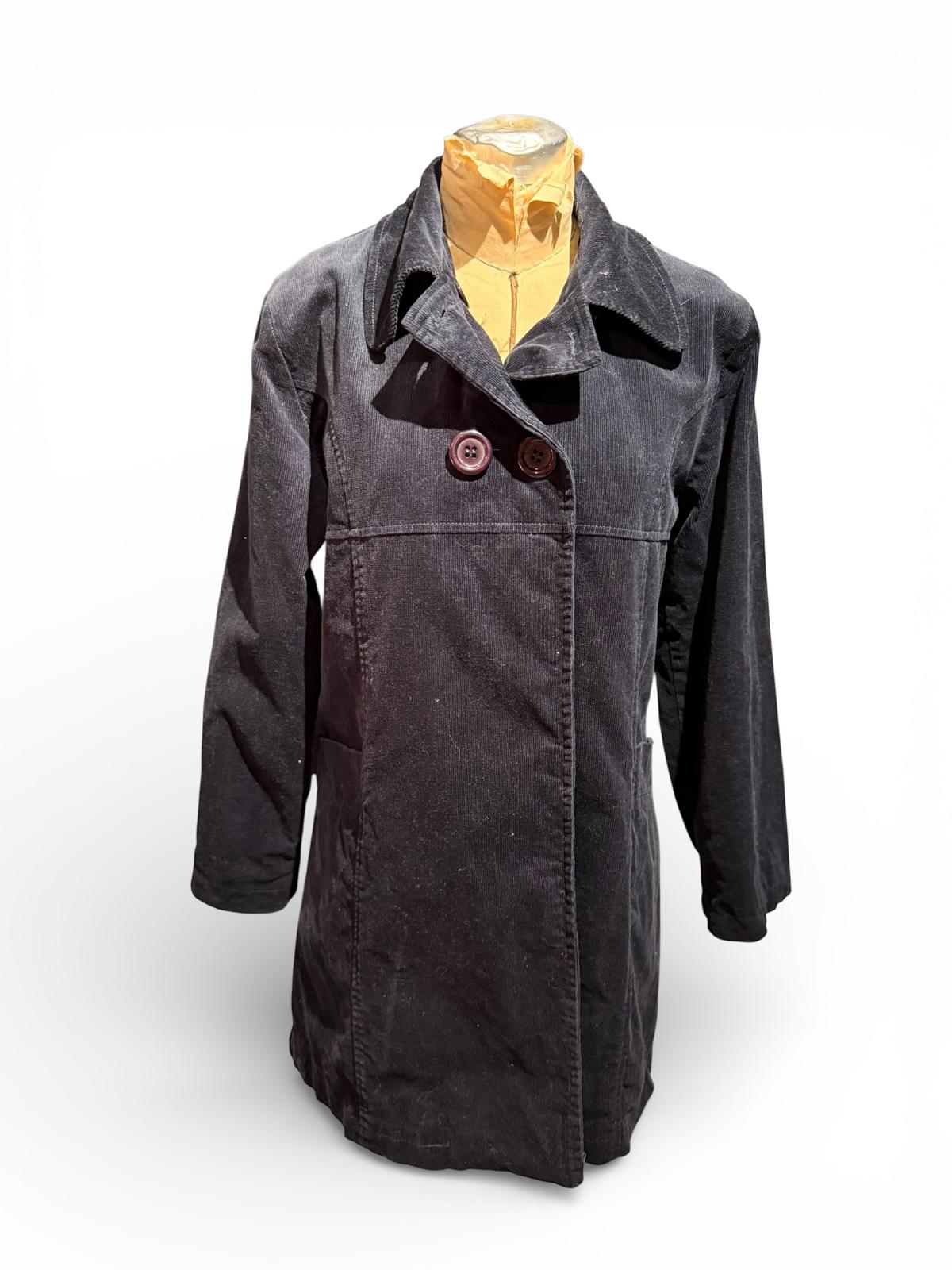 Black Corduroy Long Coat with Button Closure