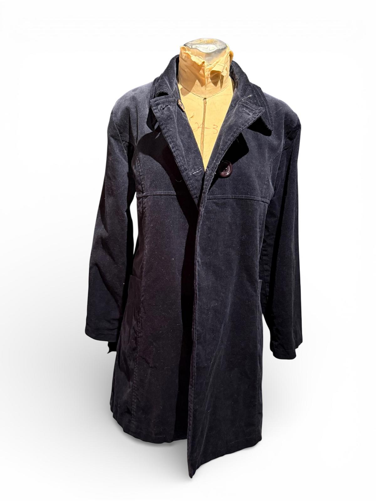 Black Corduroy Long Coat with Button Closure