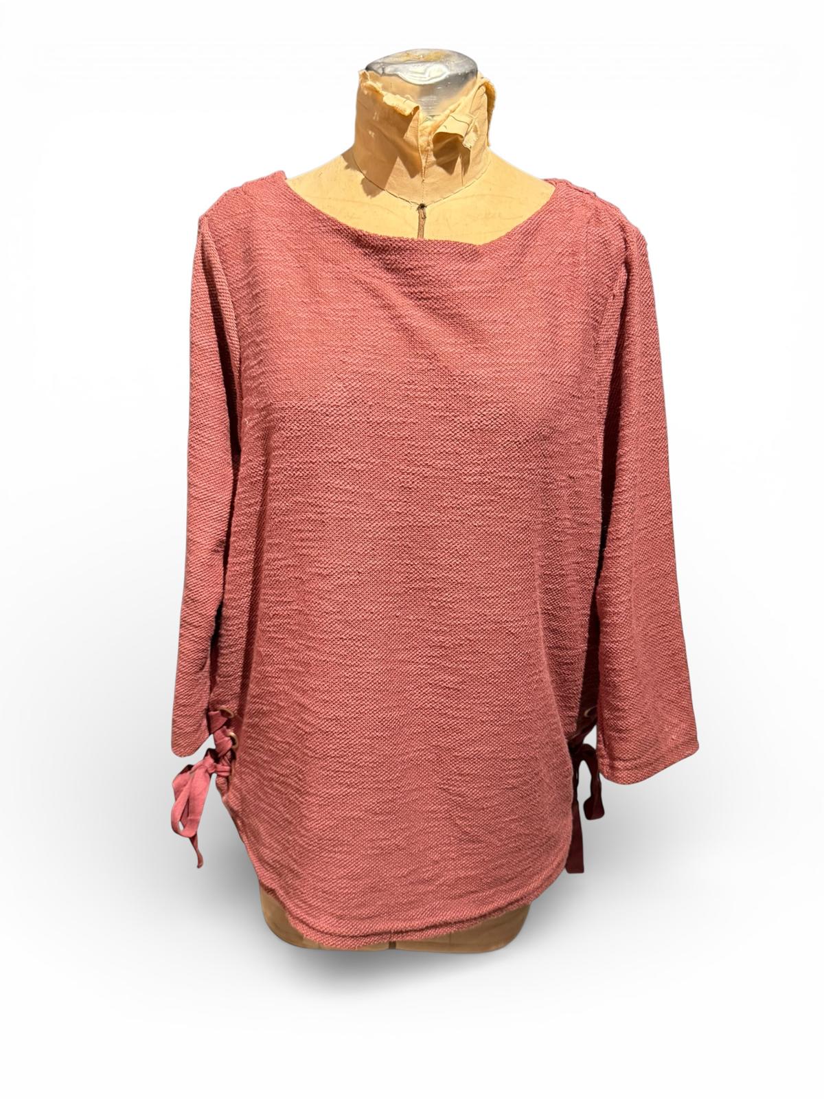 Jones New York Long Sleeve Textured Rust Pink Top with Side Tie Detail