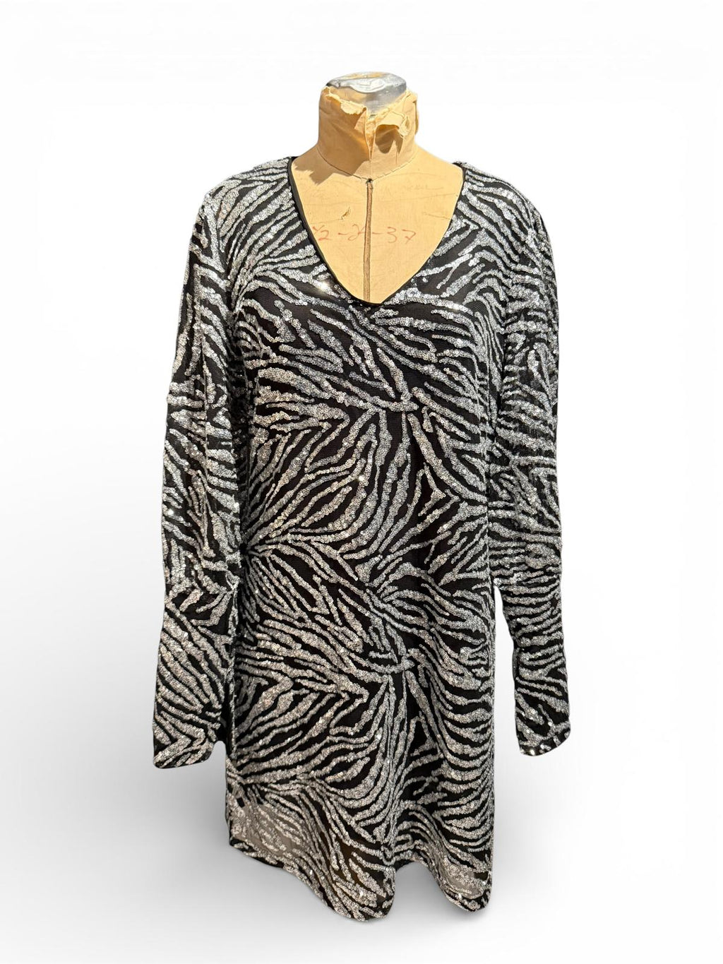 Walter Baker Black and Silver Zebra Print Sequined V-Neck Dress