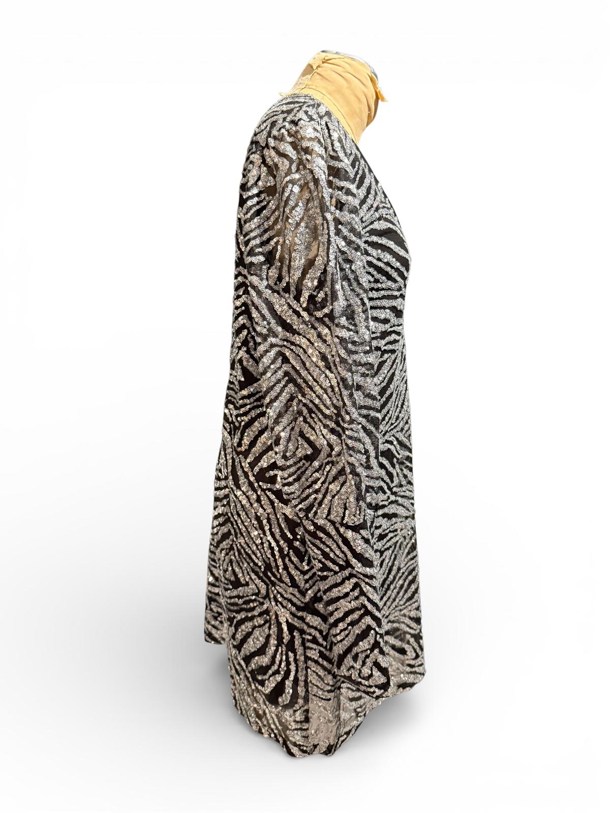 Walter Baker Black and Silver Zebra Print Sequined V-Neck Dress