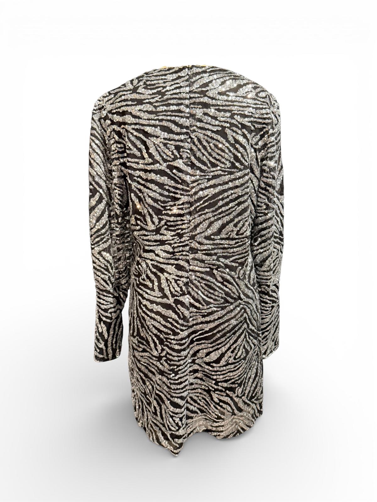 Walter Baker Black and Silver Zebra Print Sequined V-Neck Dress