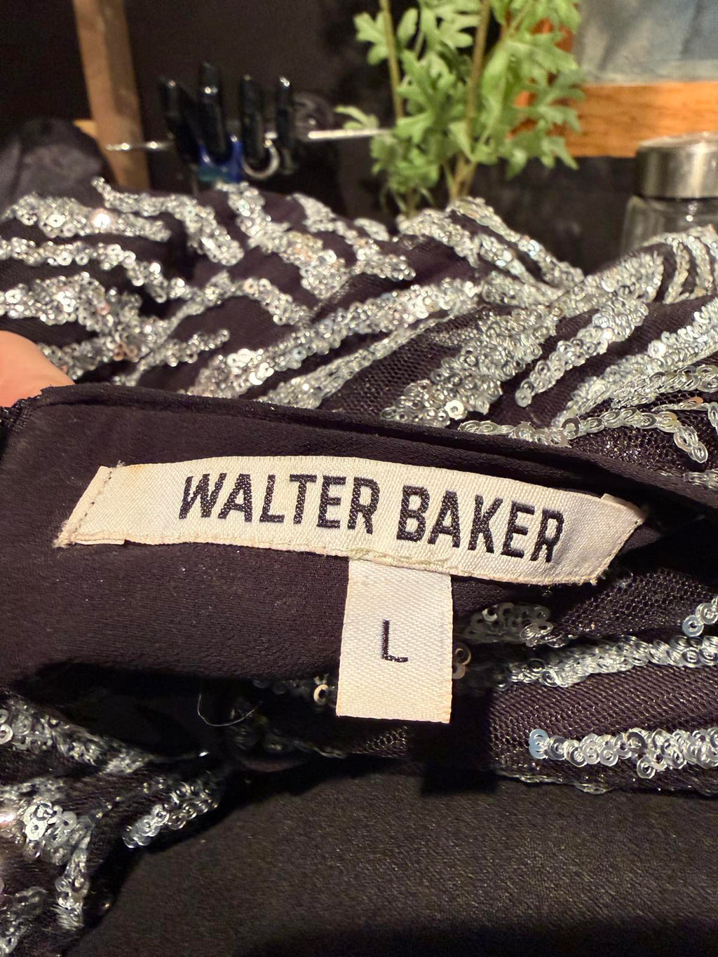 Walter Baker Black and Silver Zebra Print Sequined V-Neck Dress