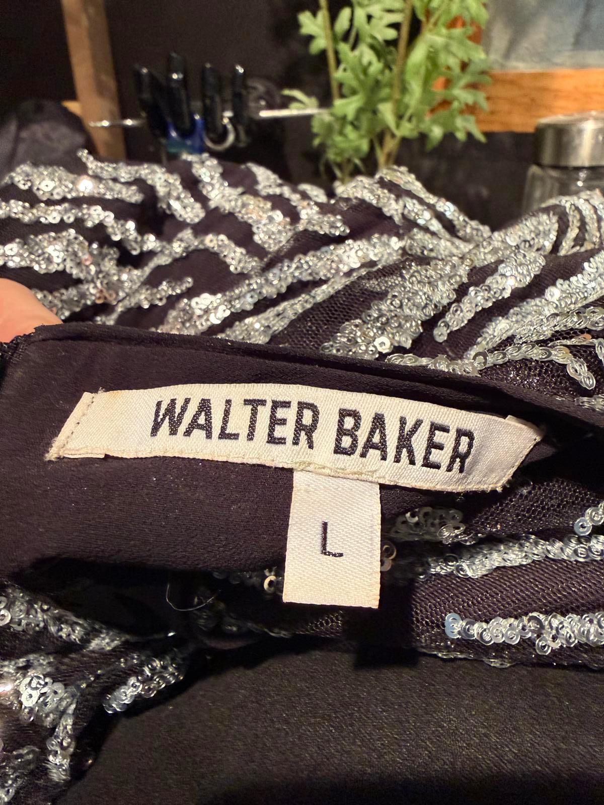 Walter Baker Black and Silver Zebra Print Sequined V-Neck Dress