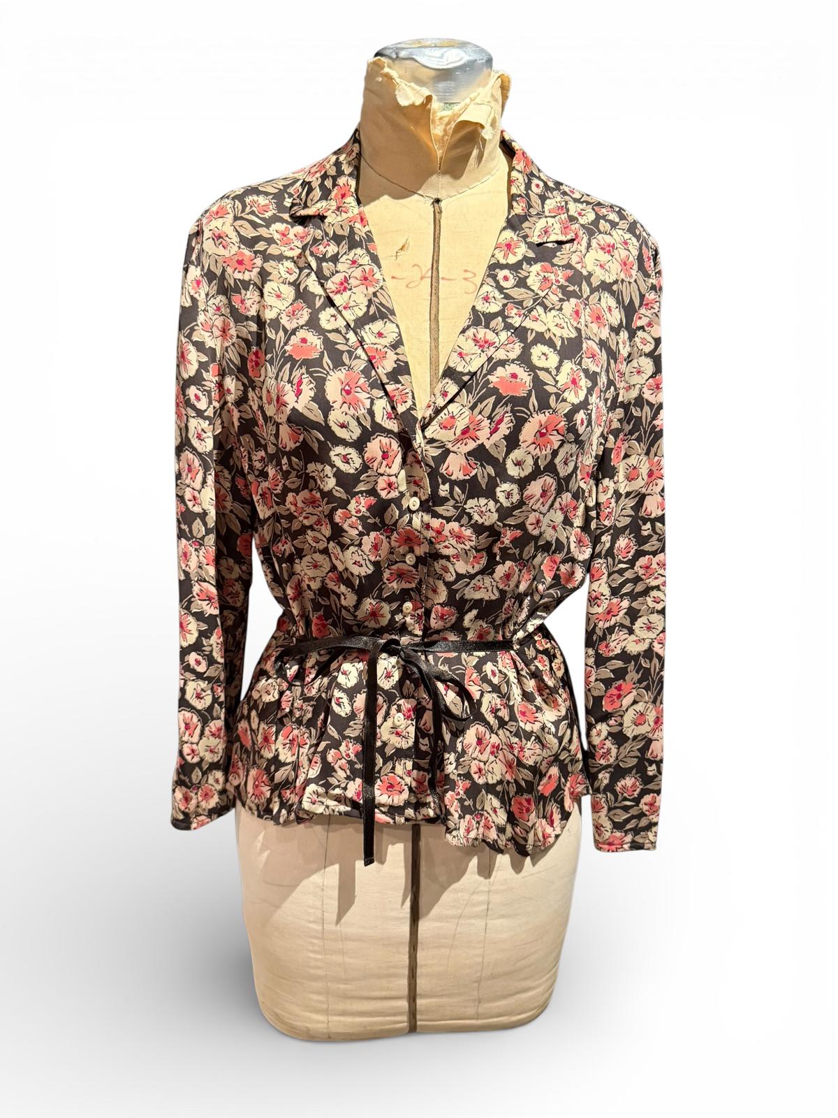 Floral Print Belted Blouse with Ribbon Tie
