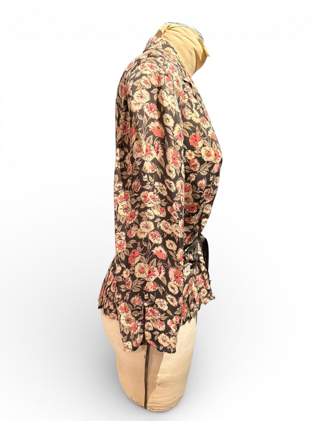 Floral Print Belted Blouse with Ribbon Tie