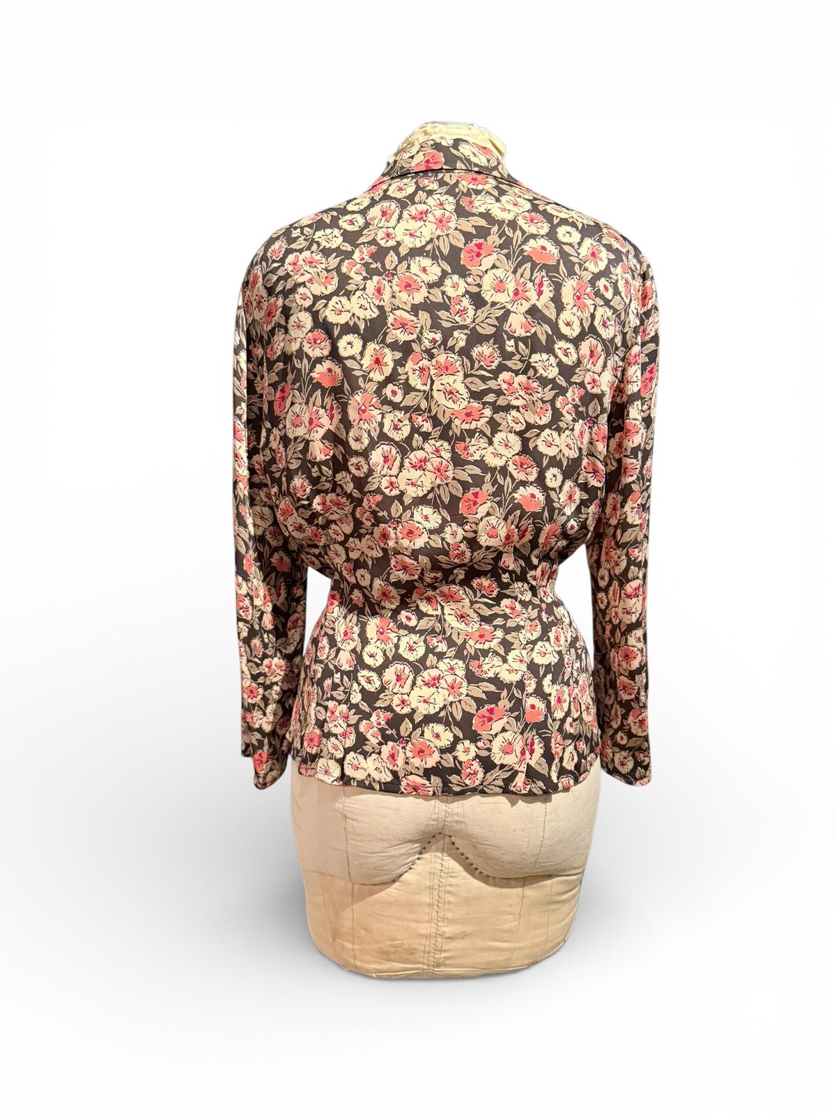 Floral Print Belted Blouse with Ribbon Tie