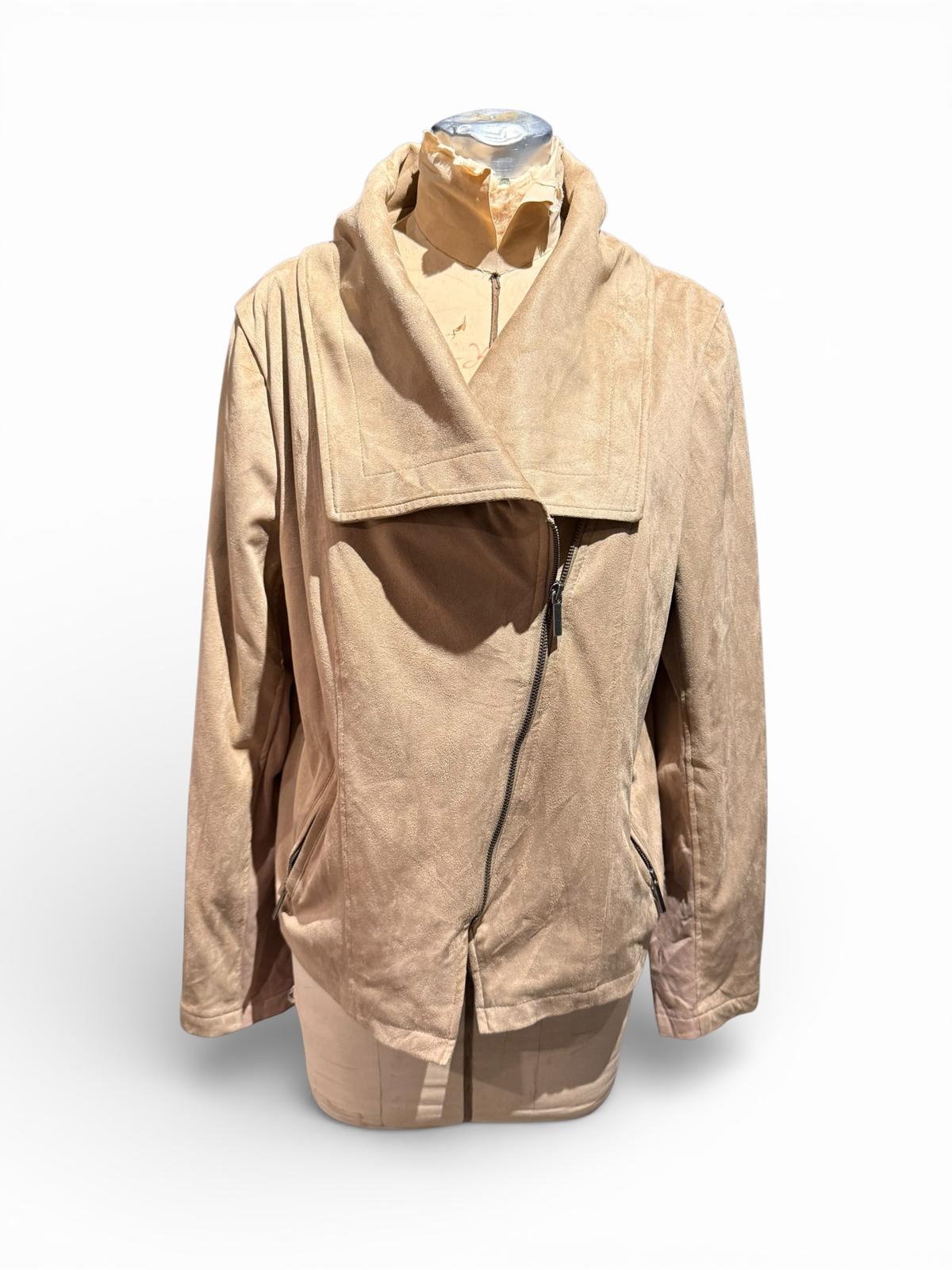 DB Beige Faux Suede Jacket with Asymmetric Zipper and Large Collar