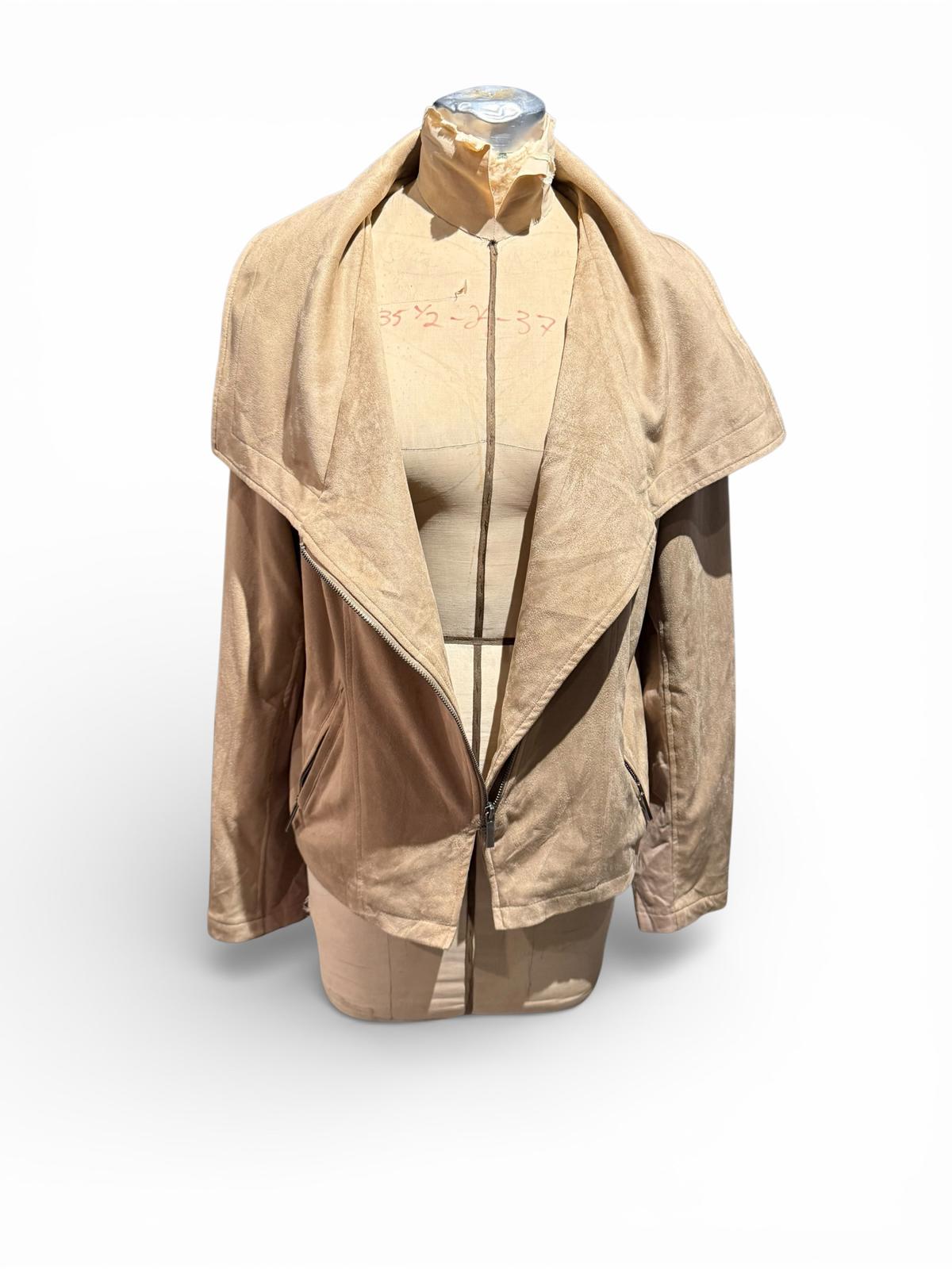 DB Beige Faux Suede Jacket with Asymmetric Zipper and Large Collar