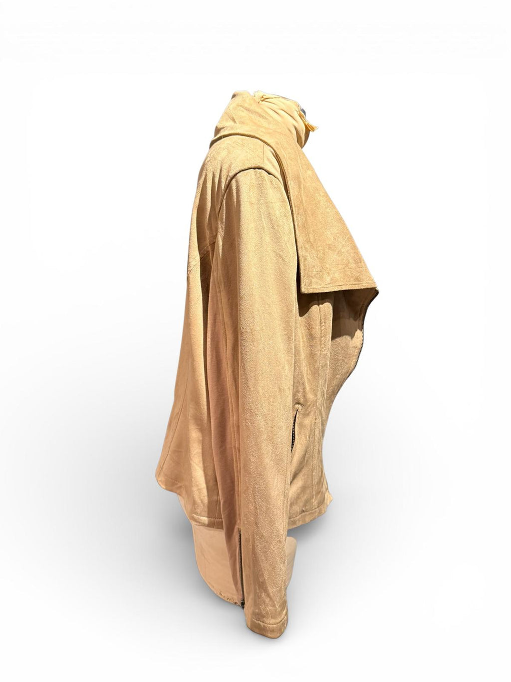 DB Beige Faux Suede Jacket with Asymmetric Zipper and Large Collar