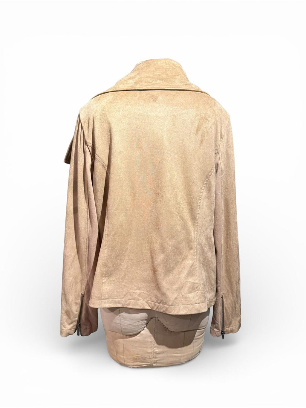 DB Beige Faux Suede Jacket with Asymmetric Zipper and Large Collar