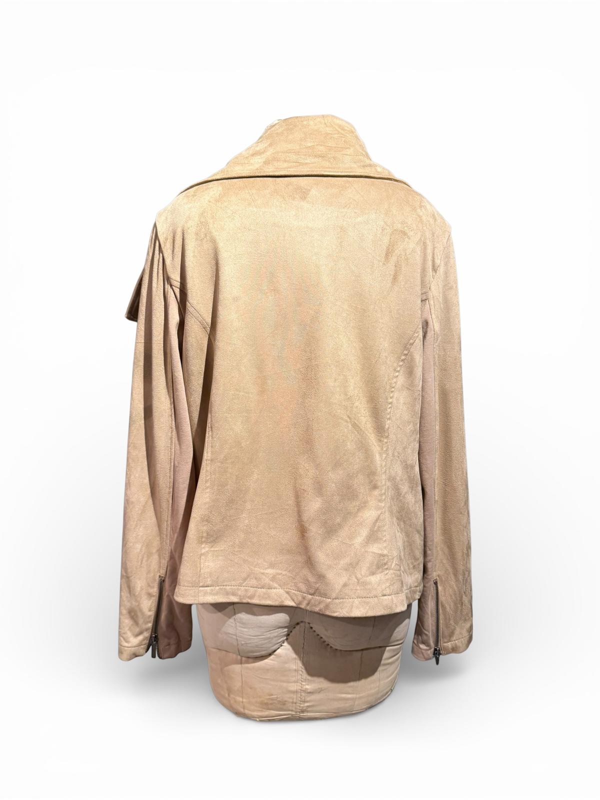 DB Beige Faux Suede Jacket with Asymmetric Zipper and Large Collar