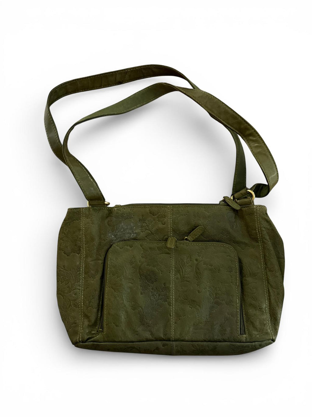 Olive Green Embossed Leather Shoulder Bag with Tassel