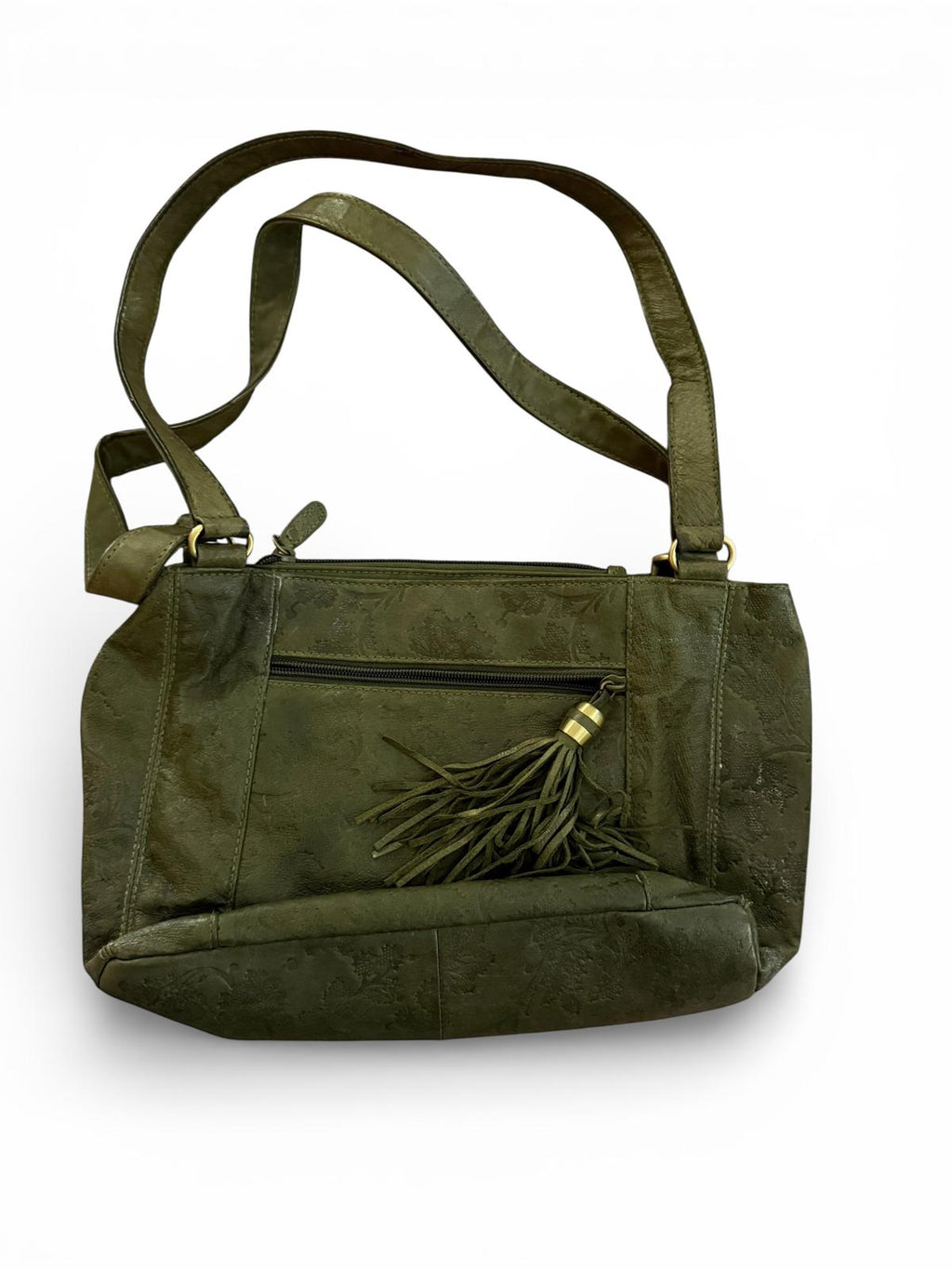 Olive Green Embossed Leather Shoulder Bag with Tassel