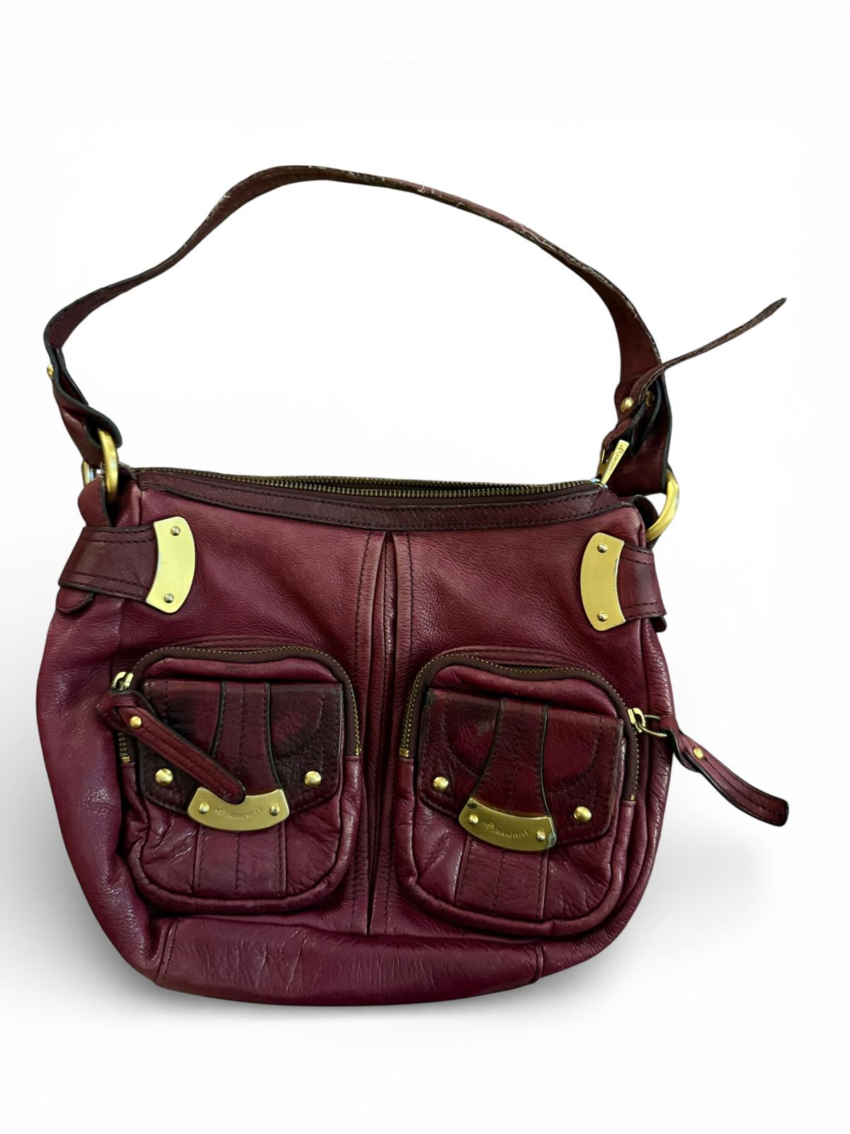 B. Makowsky Burgundy Leather Shoulder Bag with Gold Hardware